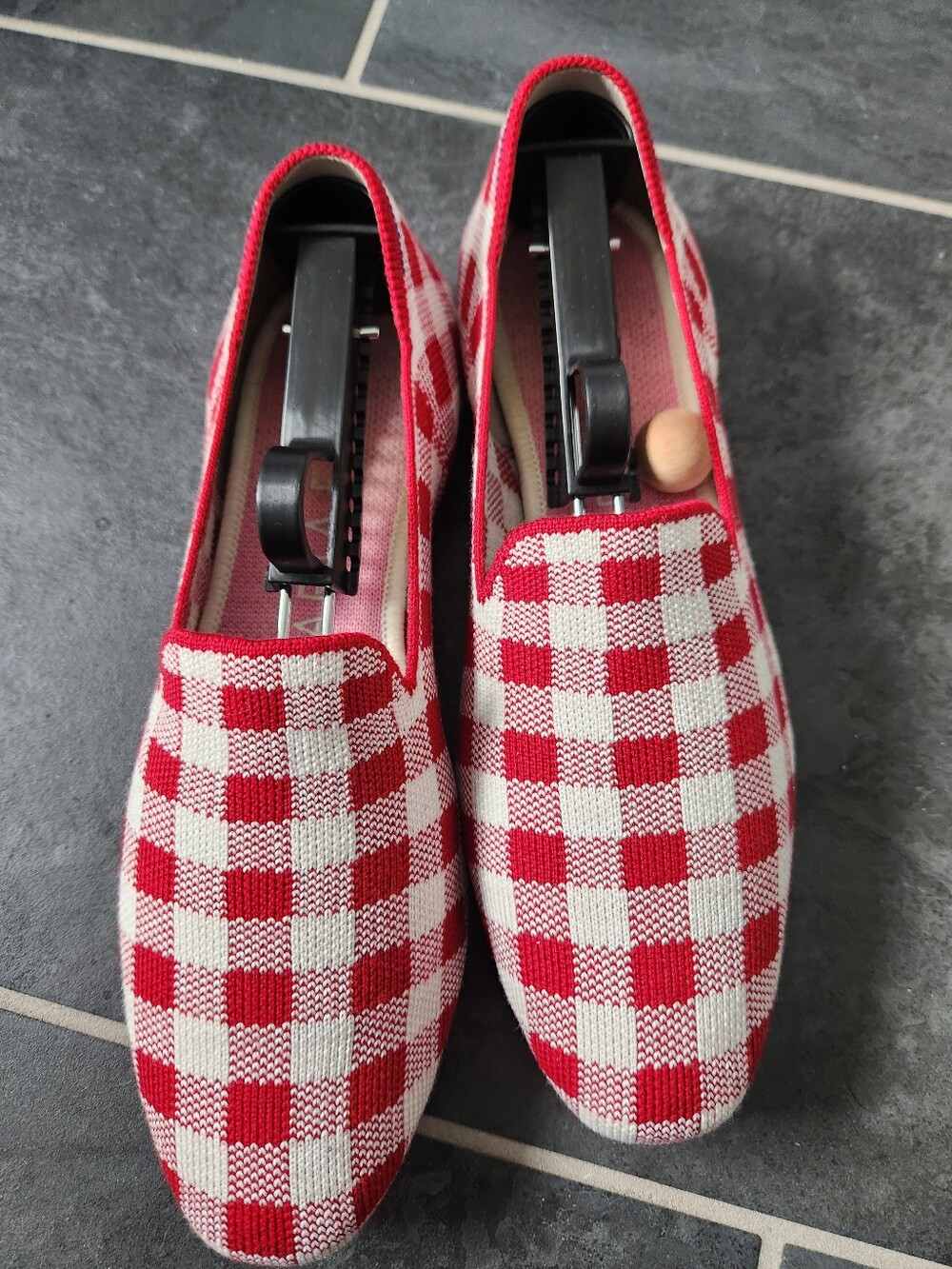 Rothys Marta Ferri Red and White Check Slip-On Loafers